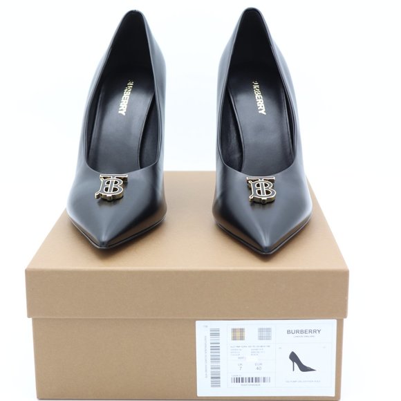 NIB Burberry Ezra Black Leather Monogram Point-Toe Pumps Heels - Picture 2 of 12